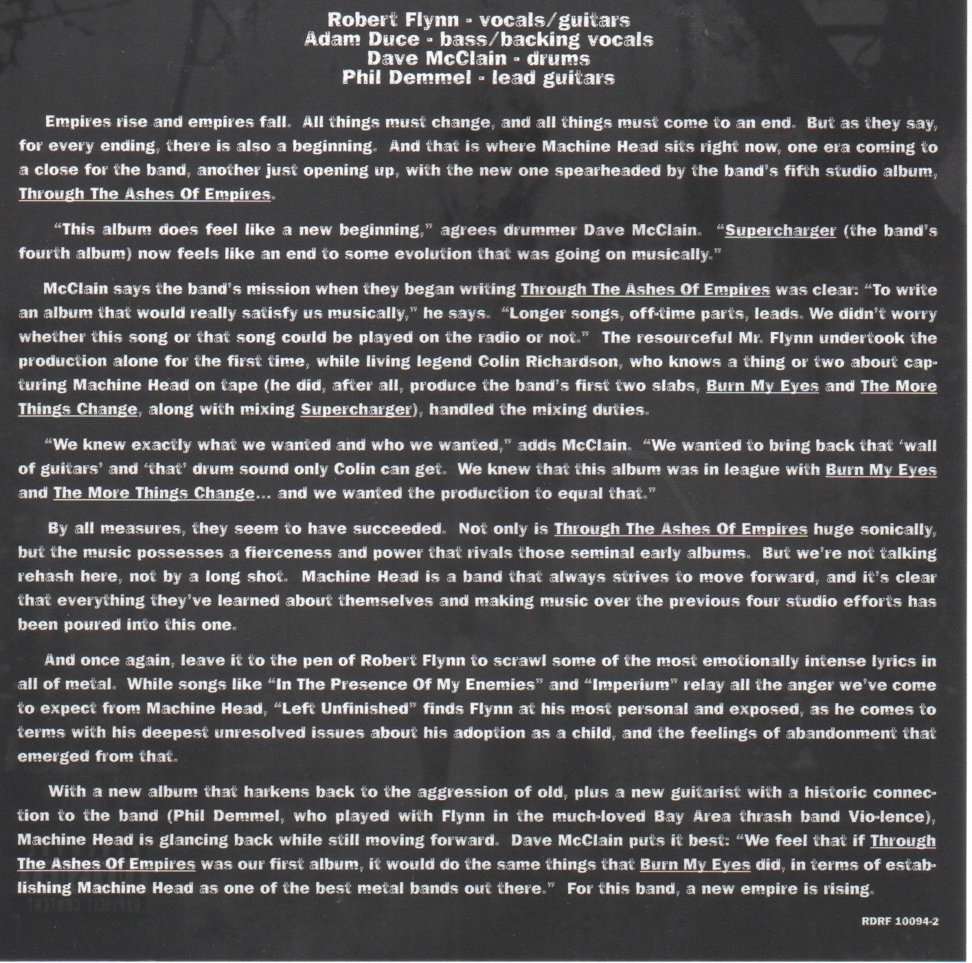 Through The Ashes of Empires 10 Track US Promo Back
